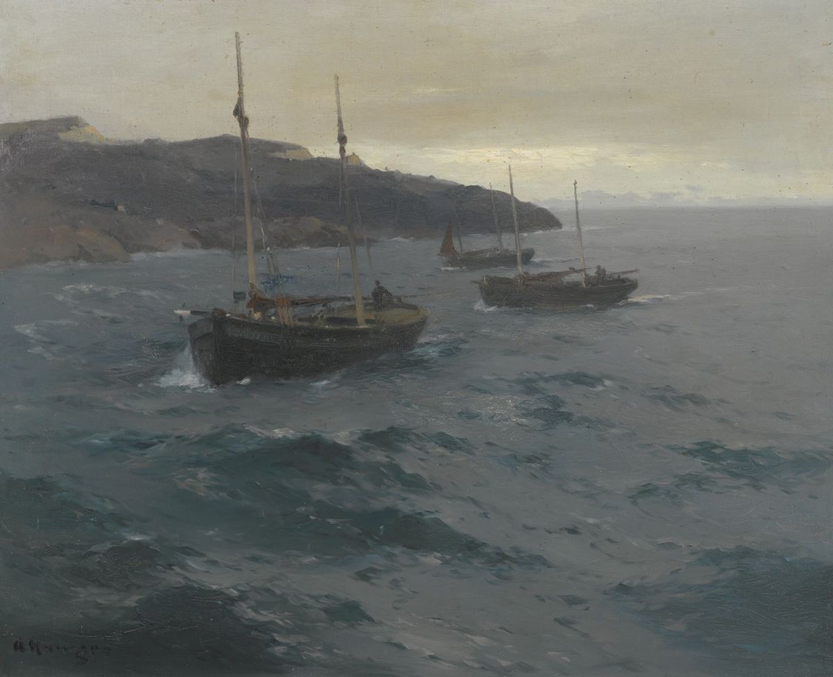 Пейзаж с тремя лодками (масло, холст. 72×89.5см)