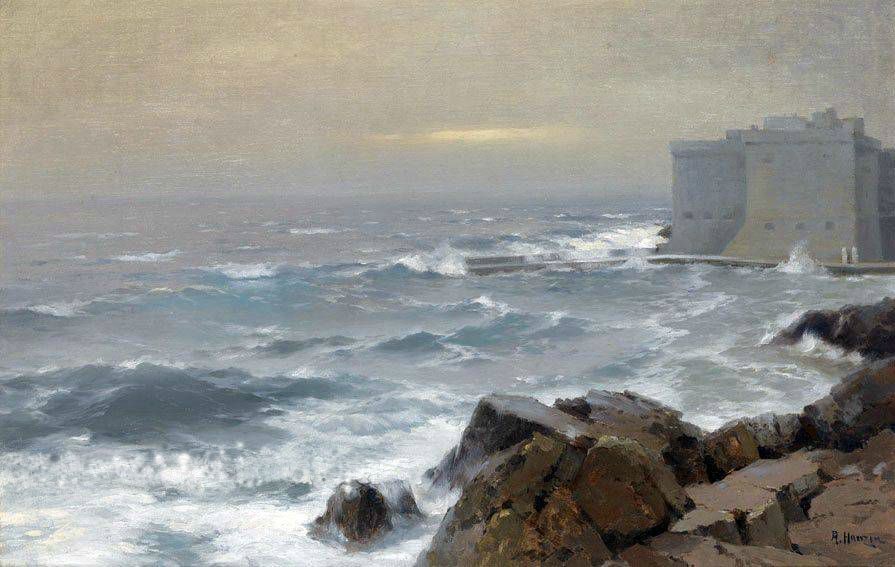 Морской пейзаж с крепостью (масло, холст. 
78×120см)
